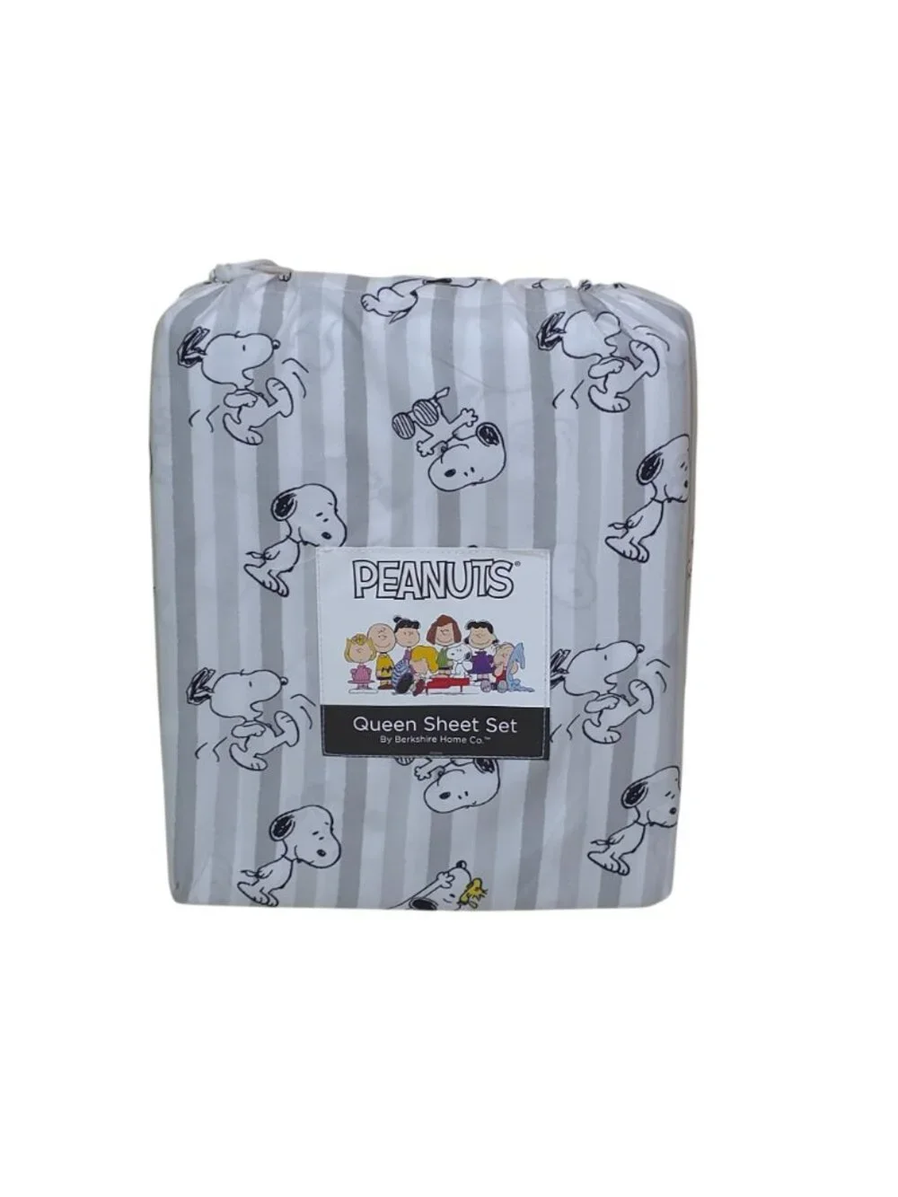 Peanuts Queen Sheet Set By Berkshire Snoopy & Woodstock Gray & White Stripes